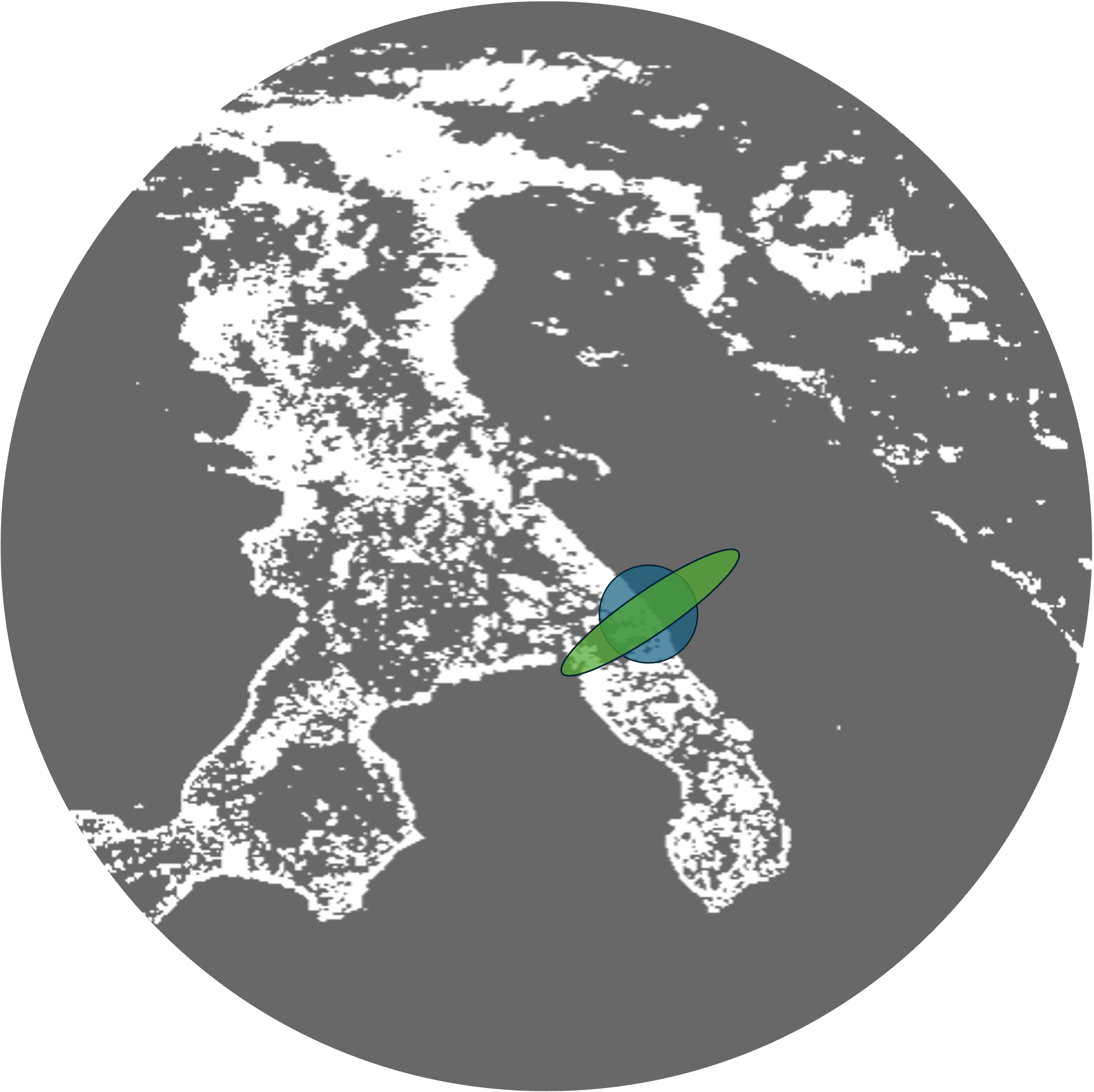 Illustrazione esemplificativa della risoluzione nel fornire le coordinate di un GPS convenzionale (cerchio azzurro) e di un GPS squeezed (ellisse verde)