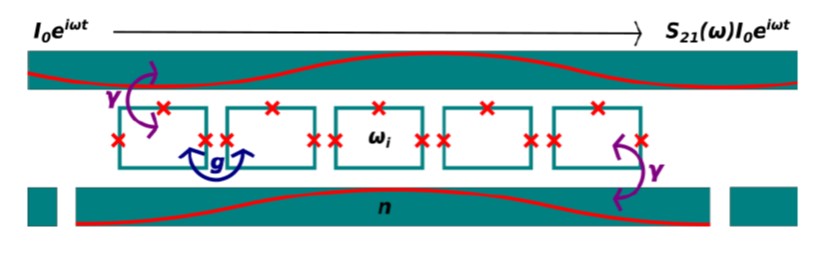 Schematic of a setup in which an SQN composed of N flux qubits coupled to a low-dissipative resonator (on the bottom) and a transmission line (on the top)
